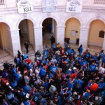 ADAPTers fill the rotunda in the Cannon House Office Building calling for stopping cuts to Medicaid Community Based Services. Most are wearing bright blue ADAPT shirts