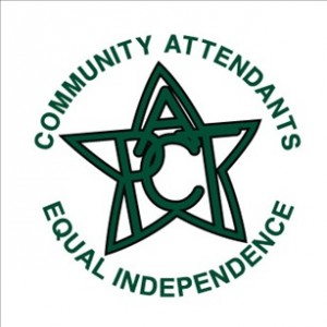 A green star with the letters PACT inside. In a circle around the star are the words community attendants equal independence.