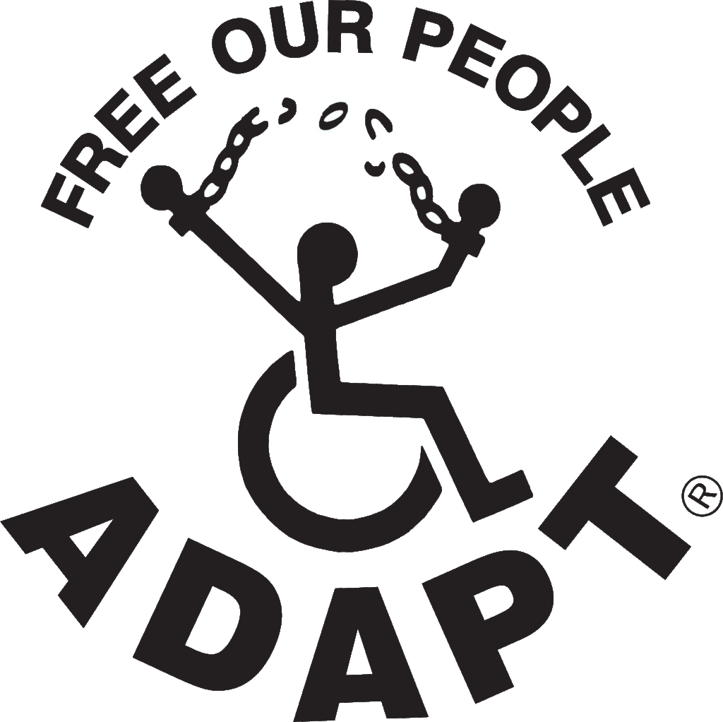 ADAPT Free Our People logo with person in a wheelchair breaking chains over their head