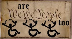 We the people in calligraphy with the words "are" and "too" inserted so it reads We are the people too. Beneath the words are 3 ADAPT free our people logos.