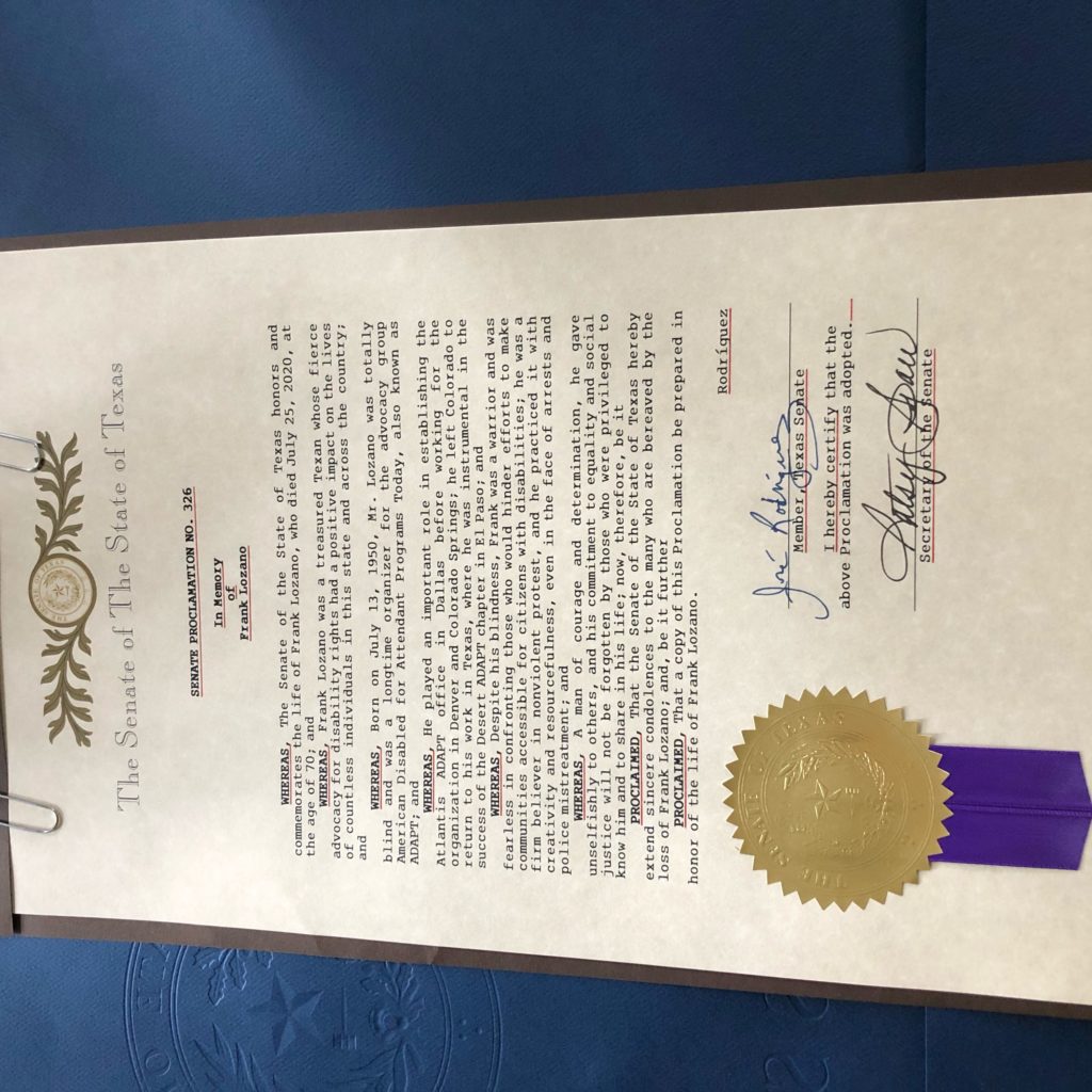 Frank Lozano Memorial Proclamation from the Texas Senate | ADAPT of Texas