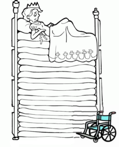 woman lying in bed with 20 mattresses, looking nervous. Her wheelchair sits below.