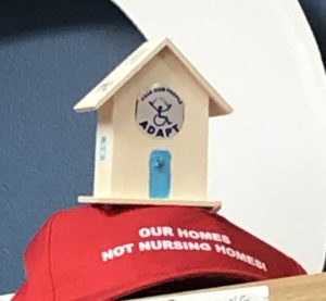 A red cap with our homes not nursing homes printed on the front. Glued to the top is a small wooden house with an ADAPT Free Our People Logo over the door.