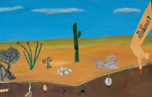 Desert scene with sparse plants and roots underground and hand sticking finger in dirt and "is it accessible" written on arm.