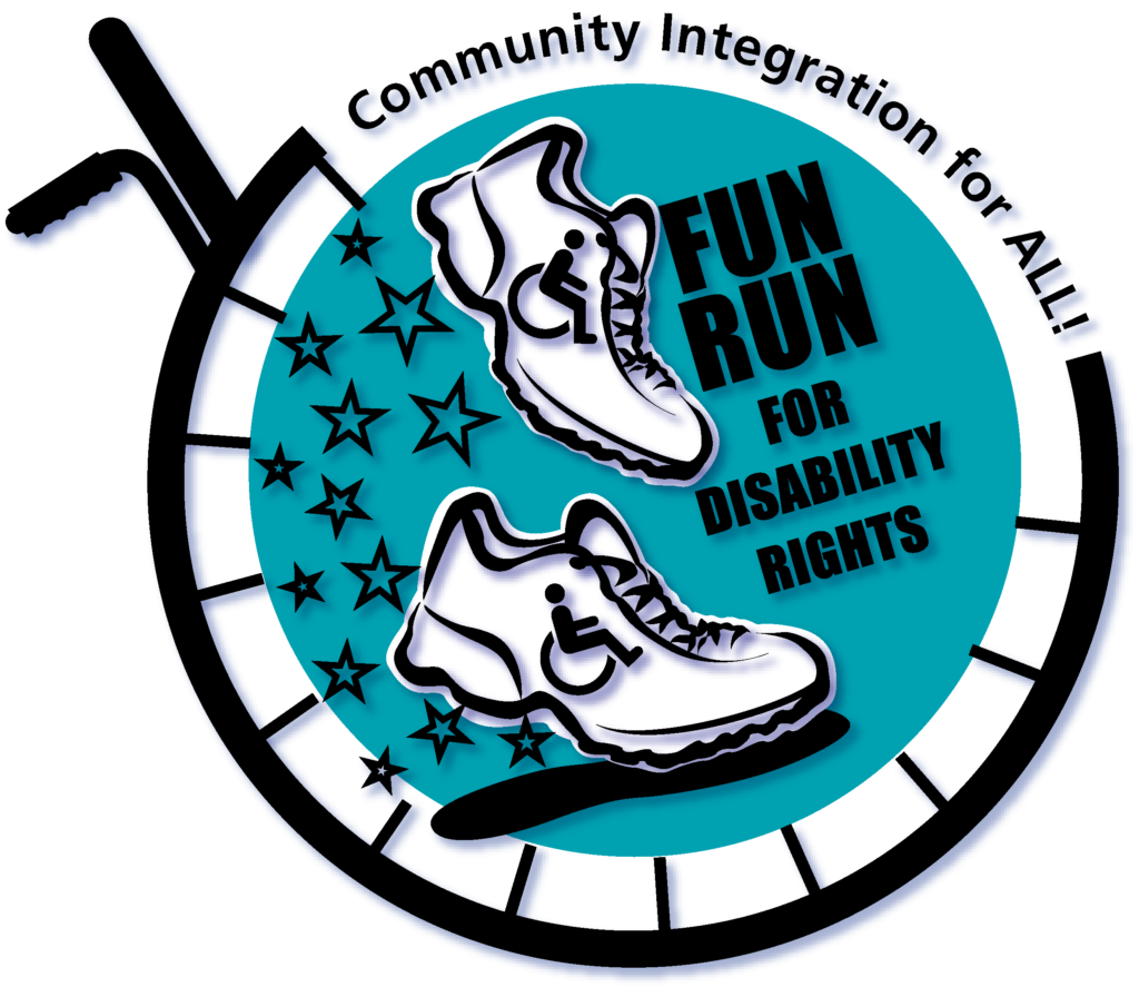 Fun Run logo with running shoes and stars inside wheelchair wheel